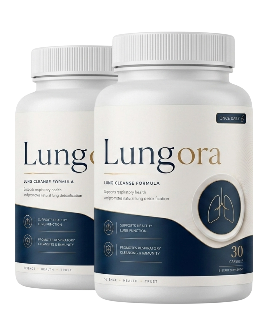 Two bottles of Lungora lung health supplement